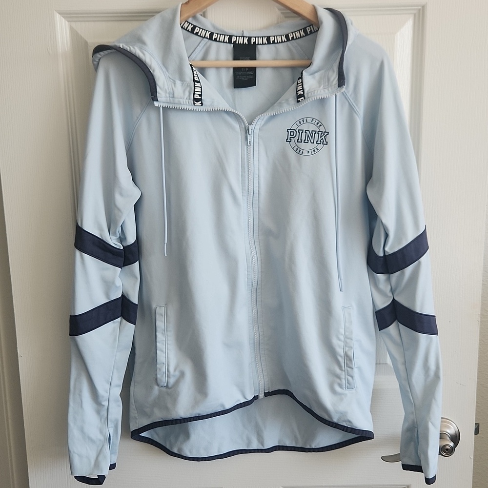VICTORIA'S SECRET PINK Ultimate High Low Funnel Neck Full Zip Hoodie Baby Blue S - Picture 3 of 11
